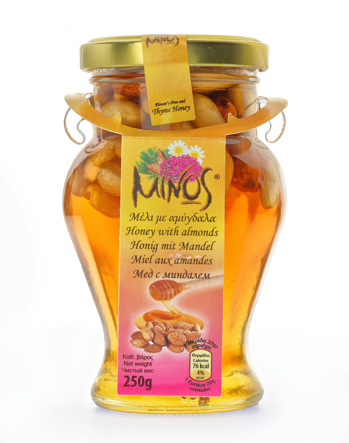 Minos Amphora Glass Jar Honey Flowers Pine Thyme With Almonds 250G